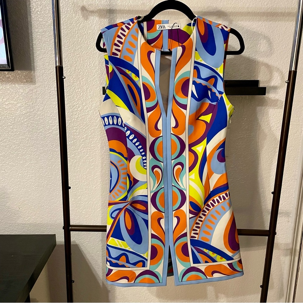 Zara Multicolor Psychedelic Print Mini Dress — Blue, Orange, Yellow, Purple
